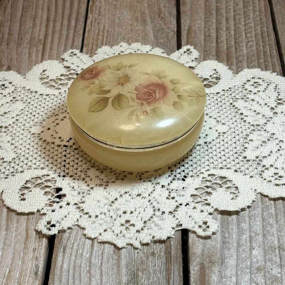 Vintage Genuine Alabaster Hinged Rose Trinket Jewelry Box